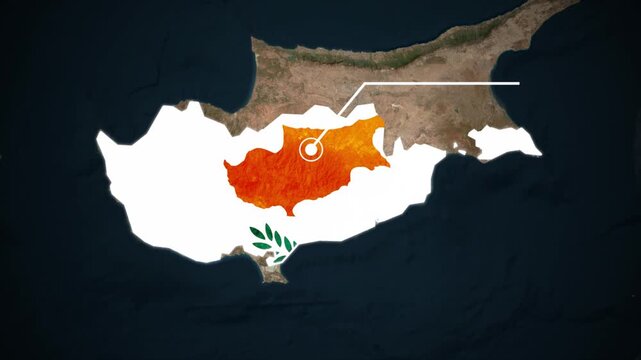 Cyprus Map Highlighted in National Flag Colors with Location Marker, Cyprus Country Map with Flag Design and Location Pin, Cyprus Political Map Highlighted on Geographic Background