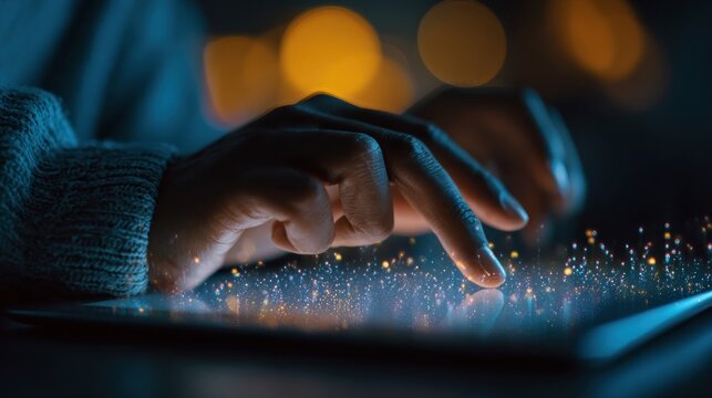 Person using a digital tablet touch interface night