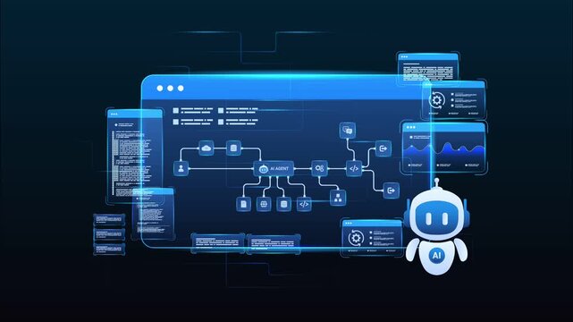 Futuristic AI agent workflow automation dashboard with ai agent robot assistant, coding panels and data analytics dashboard, looped animation