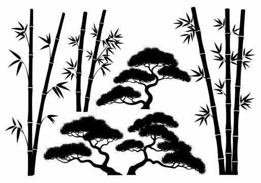 Black and white bamboo and pine tree silhouettes