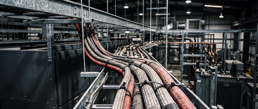 Industrial heavy duty electrical power cables and wires organized on metal cable trays inside a large commercial facility or warehouse.