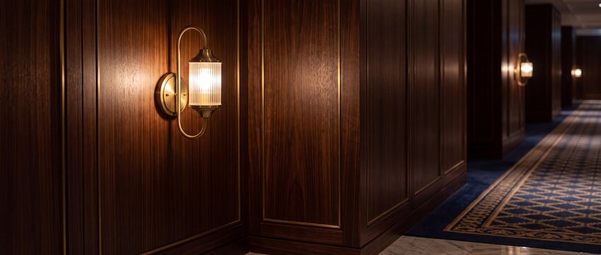 Elegant brass wall sconce with fluted glass shade glows on dark wood paneling in luxury hotel corridor leading to patterned blue carpet