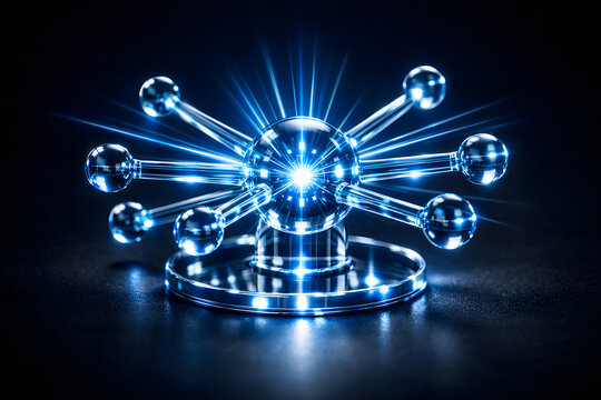 Metallic molecular model structure resting on a circular base with a glowing blue light emitting lens flares in a dark setting