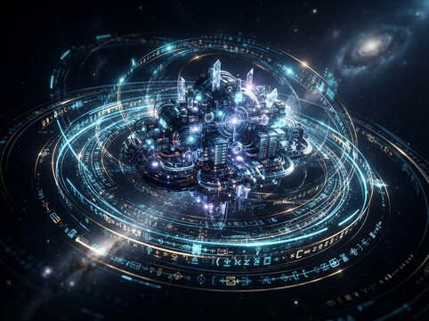 Futuristic Glowing Cybernetic Core With Rotating Circular Data Rings In Deep Space Nebula