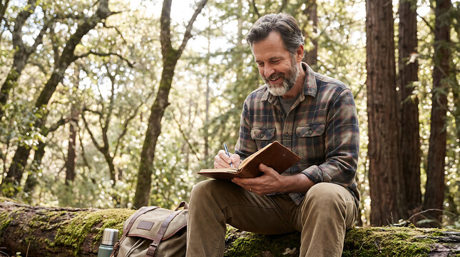 Mature man writing in journal while sitting on log in the forest