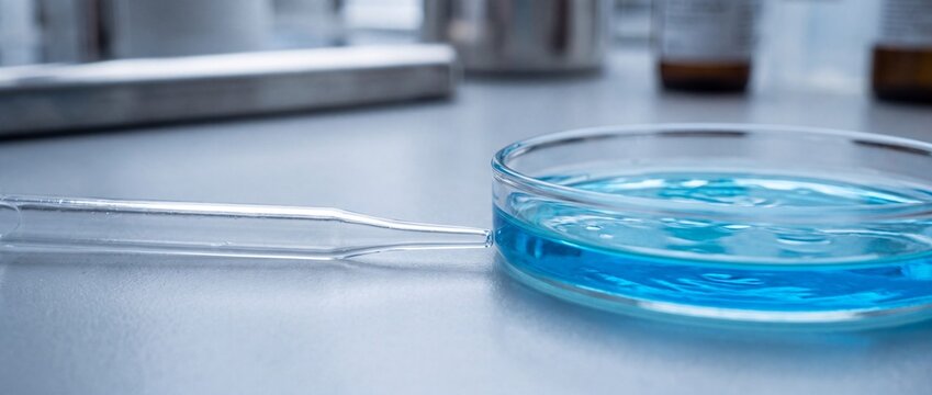 Glass pipette resting against petri dish filled with blue liquid chemical for scientific laboratory research or medical sample analysis
