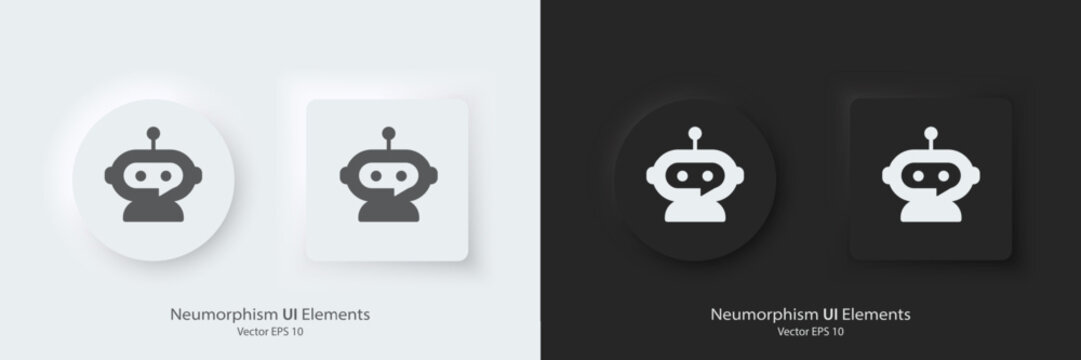 A set of black and white round buttons with chatbot symbols. Chatbot vector icon in trendy neumorphic style. 3D Neumorphism design style for apps and websites. AI assistant conversations.