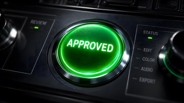 Glowing green approved button on a black futuristic control panel console, concept of system authorization, project completion, and successful verification