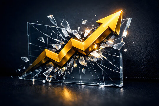 Golden arrow breaking through a transparent sheet of glass with flying shards against a dark textured background
