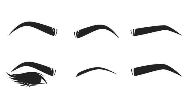 Six different eyebrow shape options shown in black silhouette with one detailed feminine eye and long eyelashes.