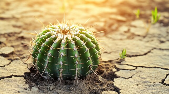 drought. Cactus growing from crack in desert soil with dewdrops on spines. ESG reports, sustainability campaigns, designed for sustainability communications and ESG reporting.