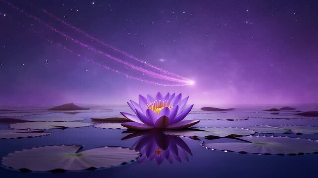 神秘的な流星と紫の睡蓮 横長動画