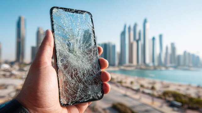 Hand holding smashed smartphone with cracked screen against modern city skyline