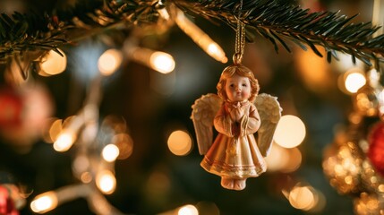 Fototapeta premium Decorative angel ornament hanging from green pine branch with glowing warm light bokeh background for holiday celebration and festive interior decoration concept