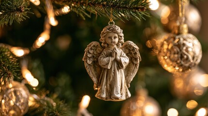 Fototapeta premium Close-up of decorative angel ornament with folded hands hanging on green pine tree branch with blurred golden bauble and warm glowing string light for festive holiday