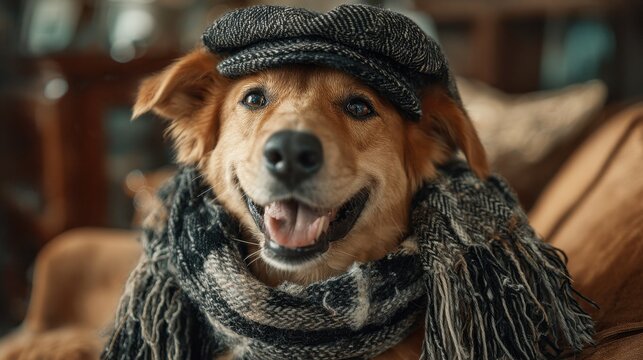 Happy dog wearing tweed flat cap and knitted scarf indoors