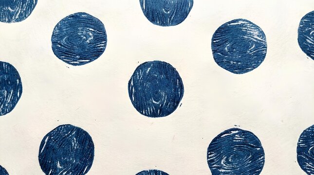 Blue textured block print polka dots on white background.