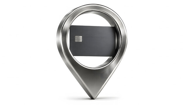 Black credit card with a microchip inserted inside a metallic silver map pin pointer icon isolated on a clean white background