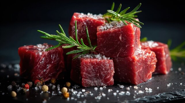Raw beef cubes with rosemary and sea salt on dark slate background