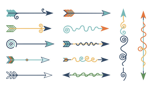 Collection of unique decorative tribal and retro patterned arrow designs with colourful details on a white backdrop.