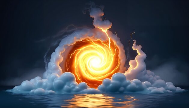 Fiery cloud vortex glowing above reflective surface