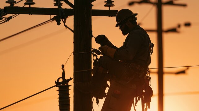 Utility worker wearing safety gear climbing electrical pole at sunset performing maintenance and repair work on power lines with tools and harness for safety