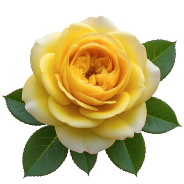 Beautiful yellow rose with green leaves and stems isolated on transparent background
