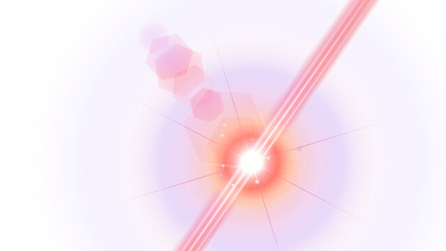 Anamorphic lens flare with pink light rays, glowing sunburst effect on white background, ethereal optical flare for overlay
