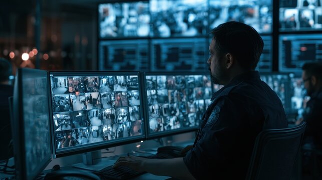 Security officer monitoring multiple surveillance video feeds on dual computer screens in a dark control room with large video wall for live safety and protection management
