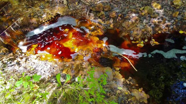 A stream with industrial pollutants at Geamana, a toxic tailings lake in Alba County, Romania. Pollution in nature. Toxic substances spilled in nature. Environment bacground