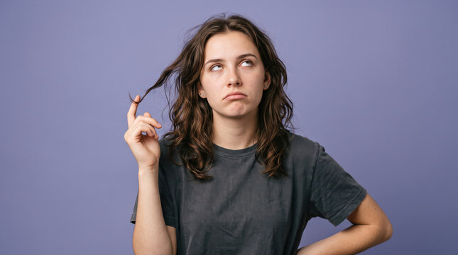 Young woman rolling her eyes and twirling hair feeling bored.
