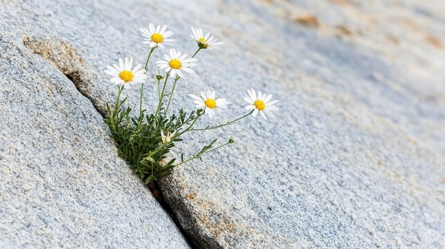 resilient. Wildflowers blooming from a crack in a large gray rock. ESG reports, sustainability campaigns, designed for sustainability communications and ESG reporting, drives climate awareness.