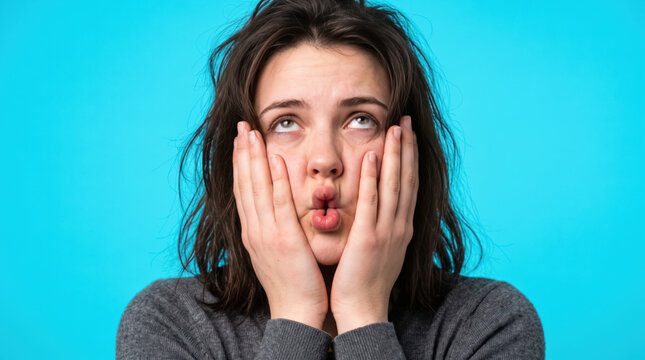 Exasperated woman pushing face up and rolling eyes on blue background.