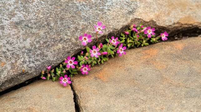 resilient. Wildflowers blooming from a crack in a large gray rock. ESG reports, sustainability campaigns, designed for sustainability communications and ESG reporting, drives climate awareness.