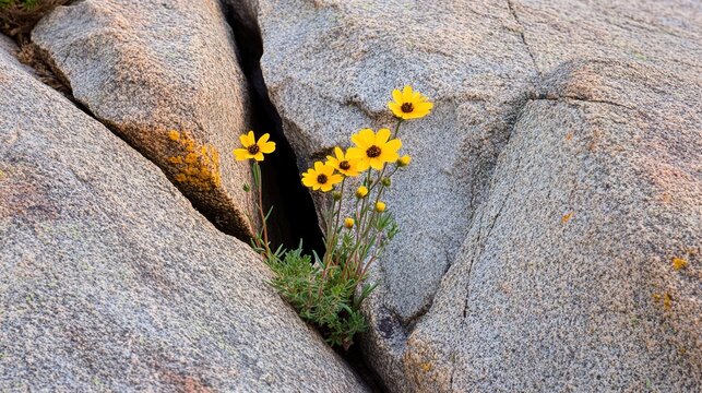 resilient. Wildflowers blooming from a crack in a large gray rock. ESG reports, sustainability campaigns, designed for sustainability communications and ESG reporting, drives climate awareness.
