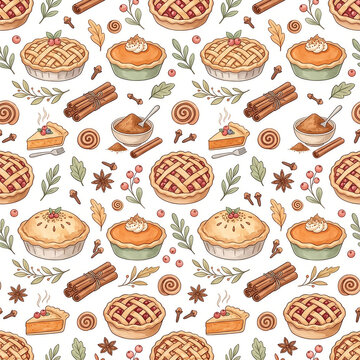 Fresh baked pumpkin and apple pie with cinnamon seamless pattern