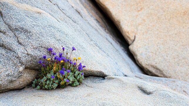 resilient. Wildflowers blooming from a crack in a large gray rock. ESG reports, sustainability campaigns, designed for sustainability communications and ESG reporting, drives climate awareness.