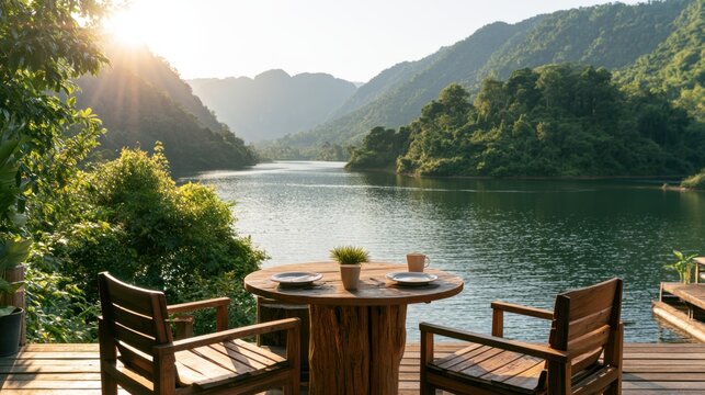 Peaceful outdoor wooden table and chair set on deck overlooking calm lake surrounded by forested hills during golden hour sunlight