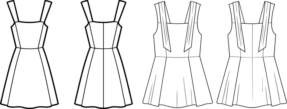 Minimalist sleeveless pinafore mini dress flat sketch featuring wide shoulder straps and pleated panels for fashion tech pack vector illustration