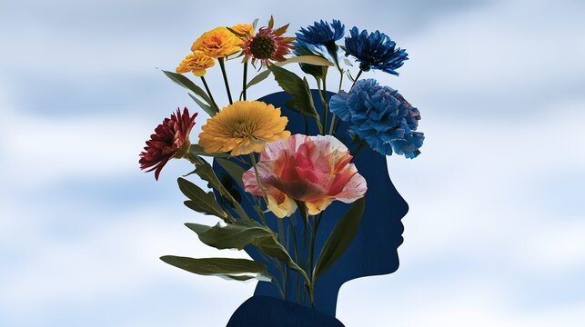 mental. Abstract blue floral shapes emerging from a silhouette, symbolizing mental wellness and tranquility. wellbeing guides, coaching materials, designed for coaching and self-improvement content.