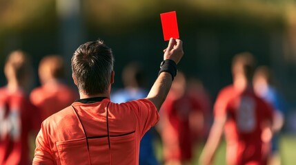 Naklejka premium Soccer referee showing red card to player during outdoor match in bright daylight on grassy field with blurred team in background