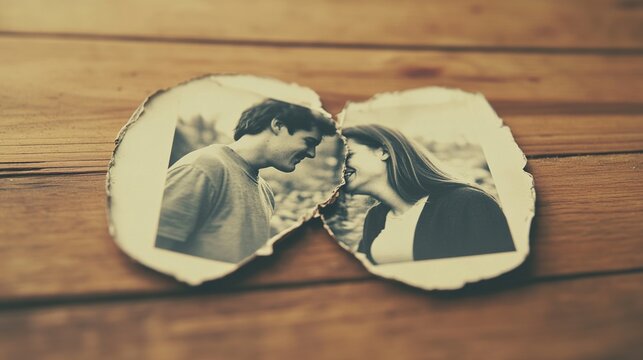 remnant. A torn photograph lying in two pieces on a wooden table, melancholic mood. wellbeing guides, coaching materials, designed for coaching and self-improvement content, used by motion designers.