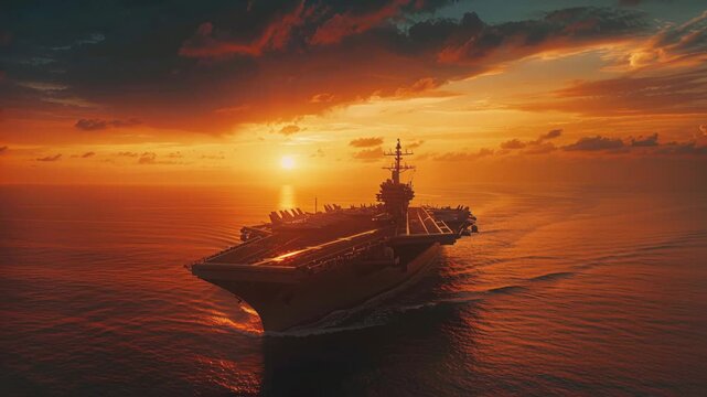 Sunset over a naval aircraft carrier sailing on the ocean with clouds in the sky