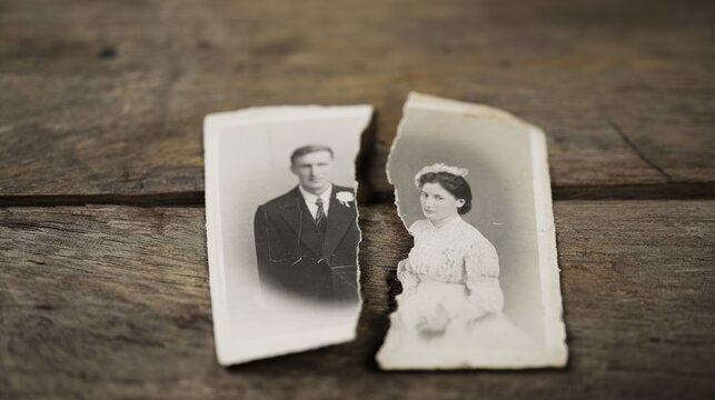 remnant. A torn photograph lying in two pieces on a wooden table, melancholic mood. wellbeing guides, coaching materials, designed for coaching and self-improvement content, used by motion designers.