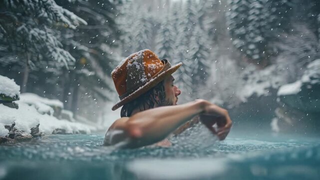 Man enjoying a warm swim in a hot spring surrounded by snow-covered trees on a cold winter day