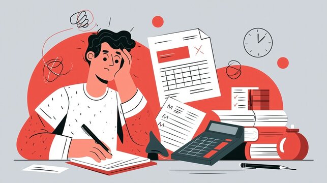 Man feeling overwhelmed with finances and paperwork during a stressful accounting process