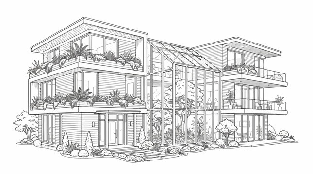 Modern mansion with glass atrium and lush balcony gardens line art