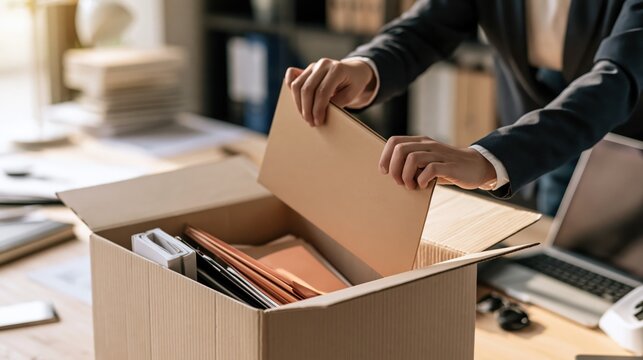 Office worker packing personal belongings into a box during downsizing with warm sunlight