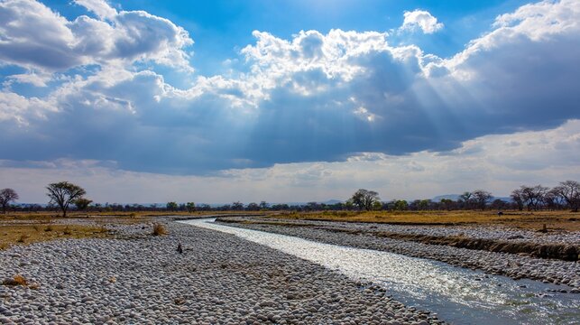 silt. Dry riverbed refilled with clear flowing water, sunlight glinting on surface. ESG reports, sustainability campaigns, designed for environmental awareness campaigns, used by PR specialists.