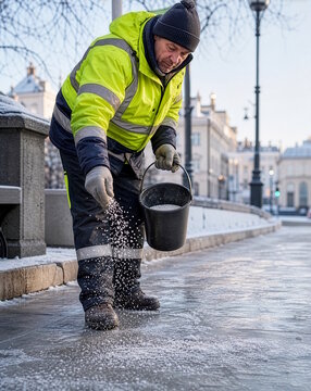Worker in a hi-vis jacket spreading salt on an icy sidewalk in winter, concept of ice prevention, road safety and municipal winter maintenance in cold weather.